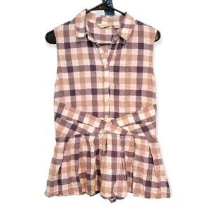 Anthropologie 11.1. TYLHO Neutral Plaid Ruffle Sleeveless Blouse Size Large